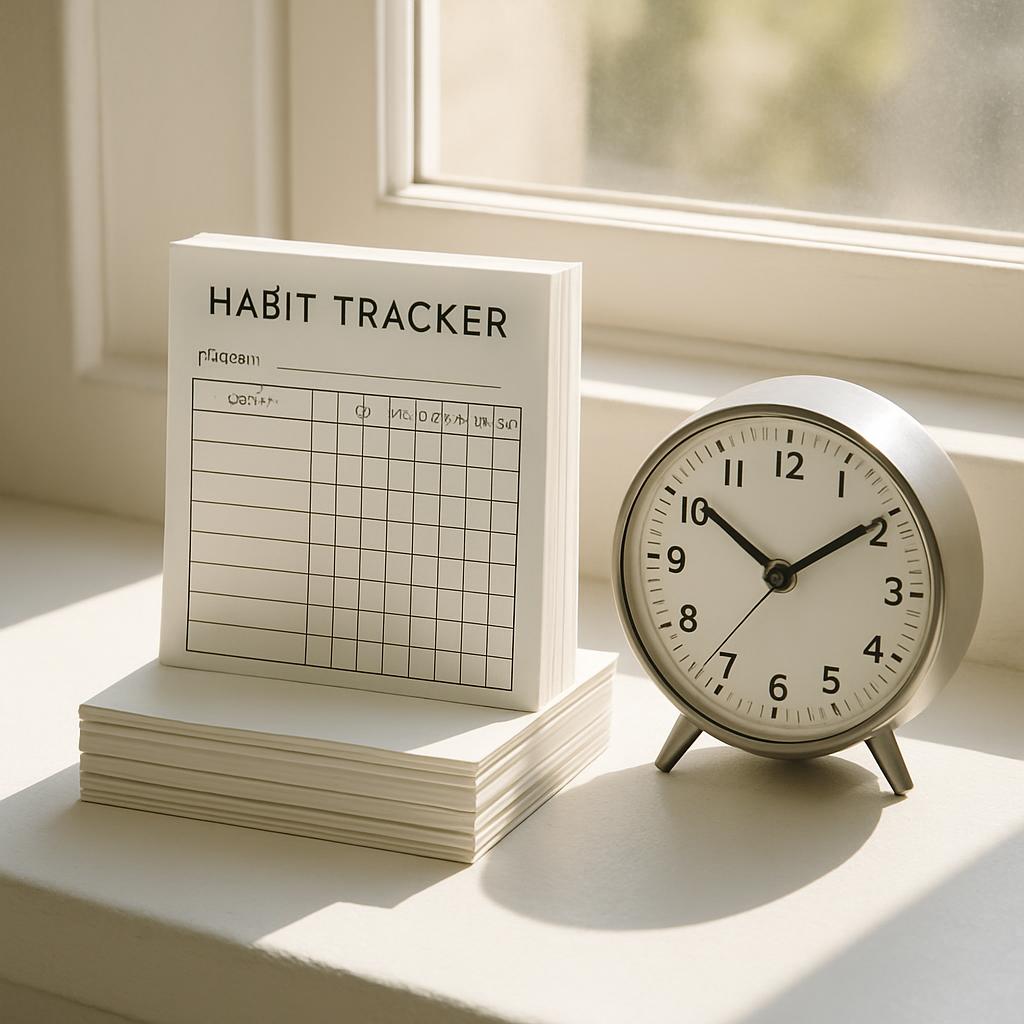 A desk with a stack of papers, a silver alarm clock, and a Habit Tracker notepad. The stack of papers is white and sits on...