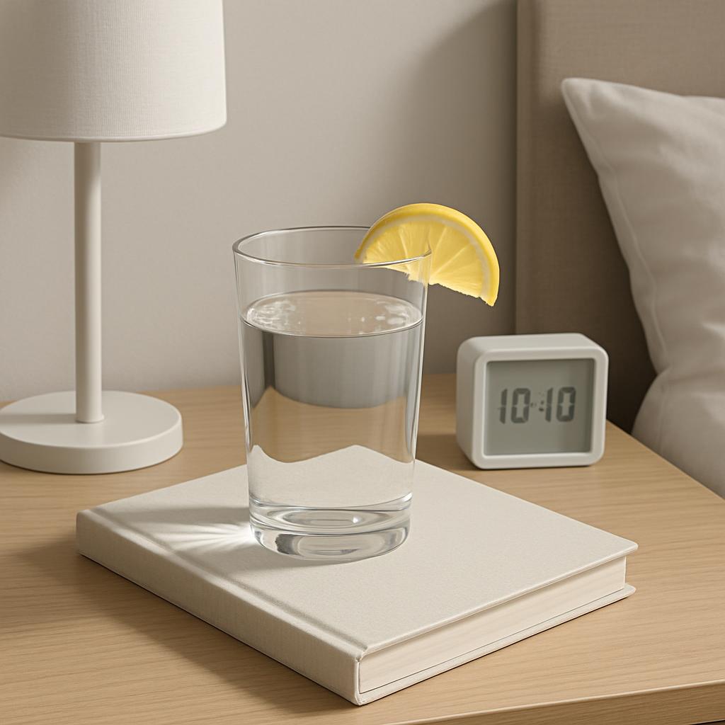 A cup of water with a lemon wedge on a book, set against a bedside lamp and a clock reading 10:10.